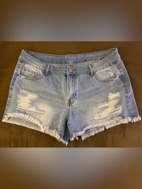 Light Blue Distressed Denim Shorts - Casual Frayed Hem